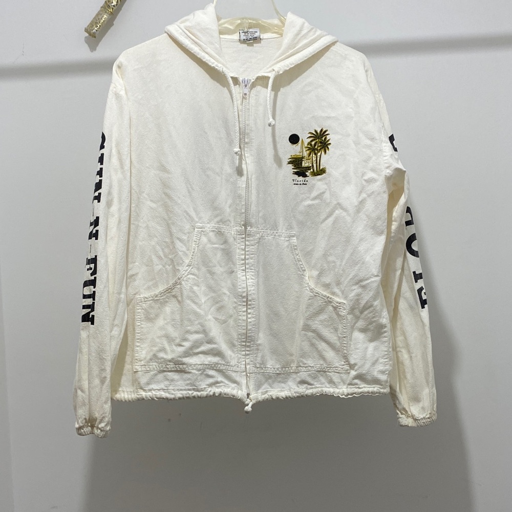 Cream Hoodie with Palm Tree and Sailboat Design